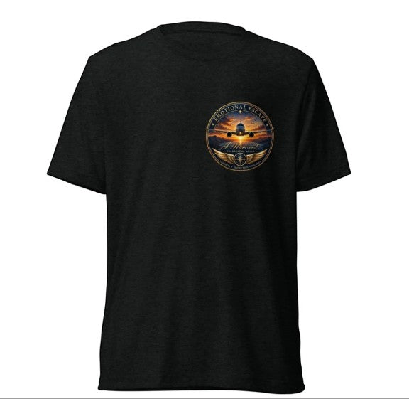 Opensky Goods black tri-blend short sleeve t-shirt featuring an Emotional Escape aviation graphic on the chest.