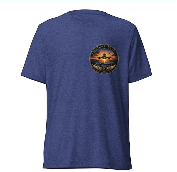 Opensky Goods blue tri-blend short sleeve t-shirt featuring an Emotional Escape aviation graphic on the chest.