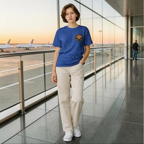 Woman wearing an Opensky Goods blue tri-blend t-shirt with an aviation graphic at an airport terminal.