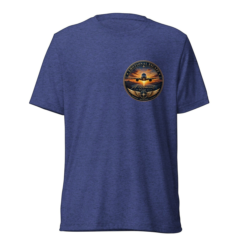 Opensky Goods blue tri-blend short sleeve t-shirt featuring an Emotional Escape aviation graphic on the chest.