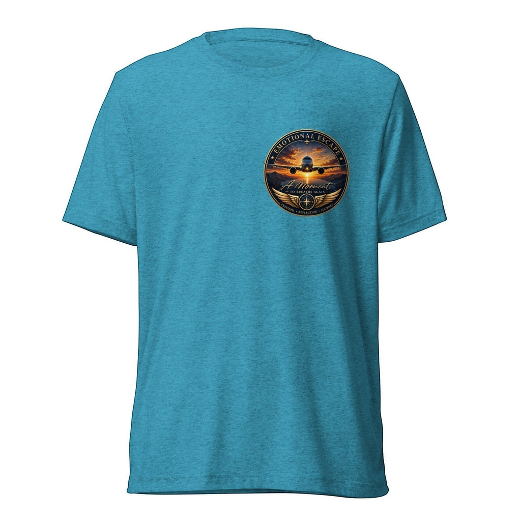 Opensky Goods blue tri-blend short sleeve t-shirt with Emotional Escape aviation graphic on the chest
