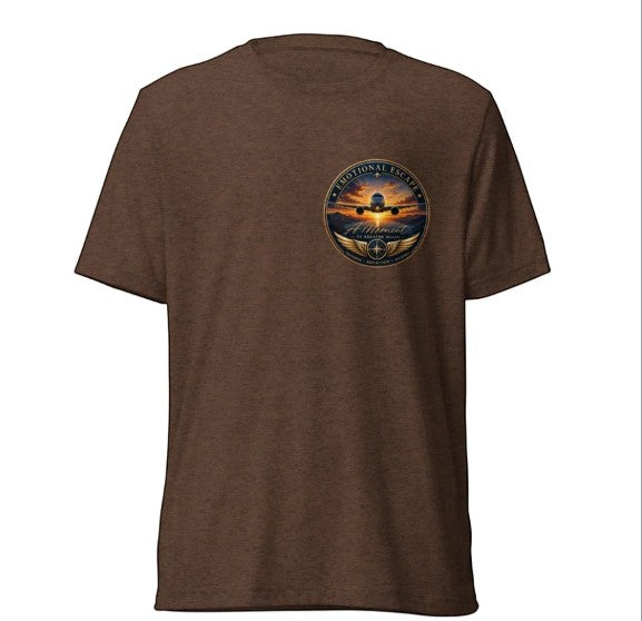 Opensky Goods brown tri-blend short sleeve t-shirt featuring an Emotional Escape aviation graphic on the chest.