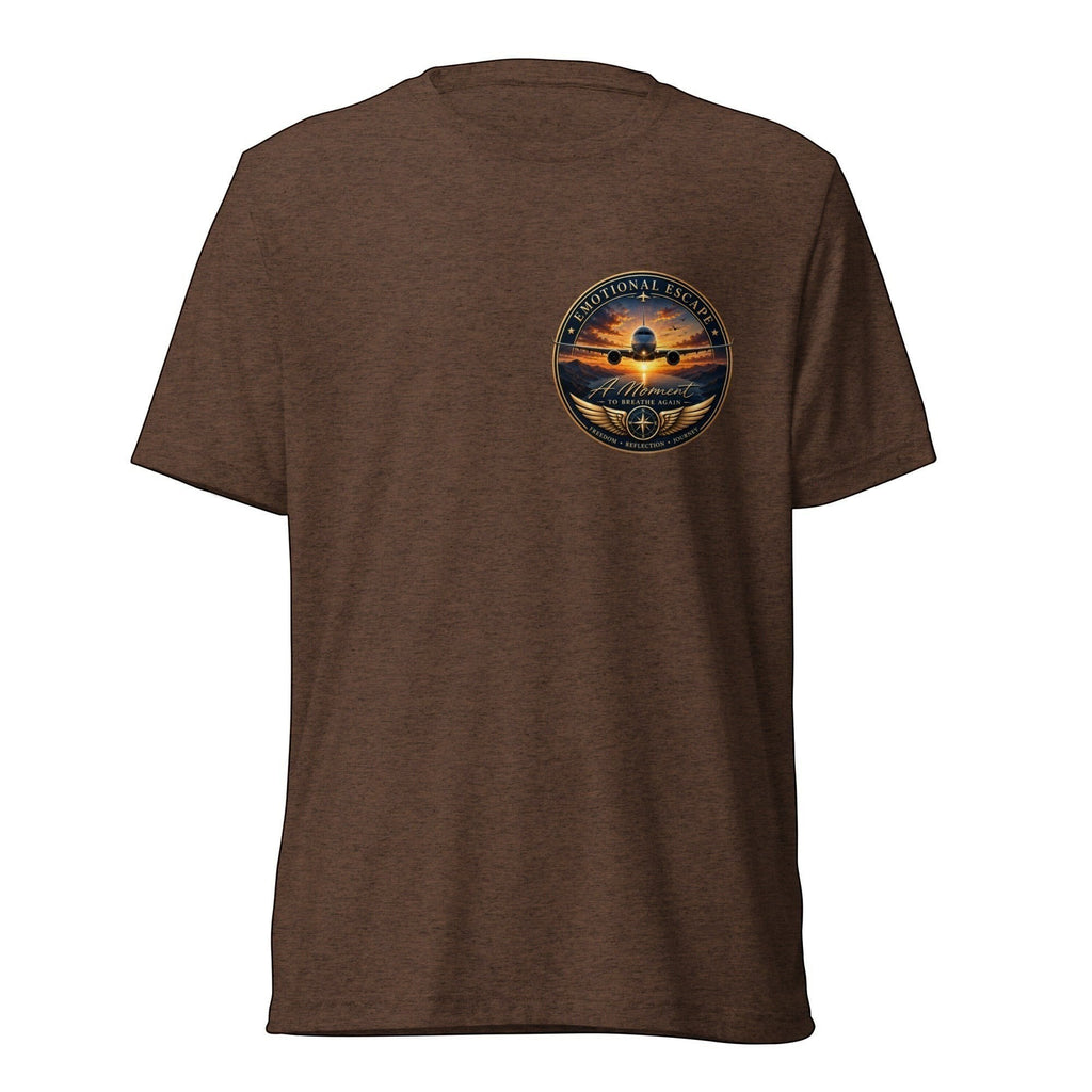 Opensky Goods brown tri-blend short sleeve t-shirt featuring an Emotional Escape aviation graphic on the chest.