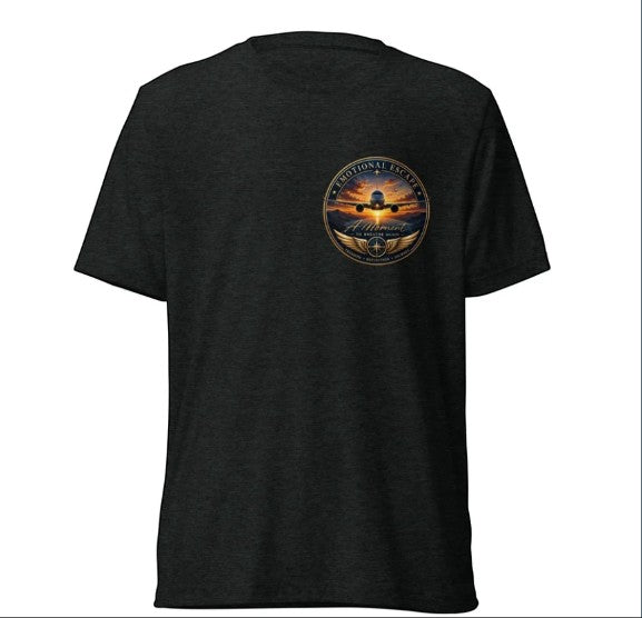 Opensky Goods charcoal tri-blend t-shirt with Emotional Escape aviation graphic on the chest.