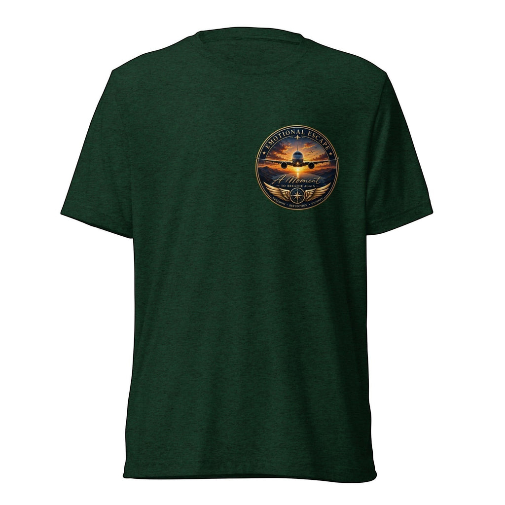 Opensky Goods dark green tri-blend short sleeve t-shirt with Emotional Escape aviation sunset chest graphic