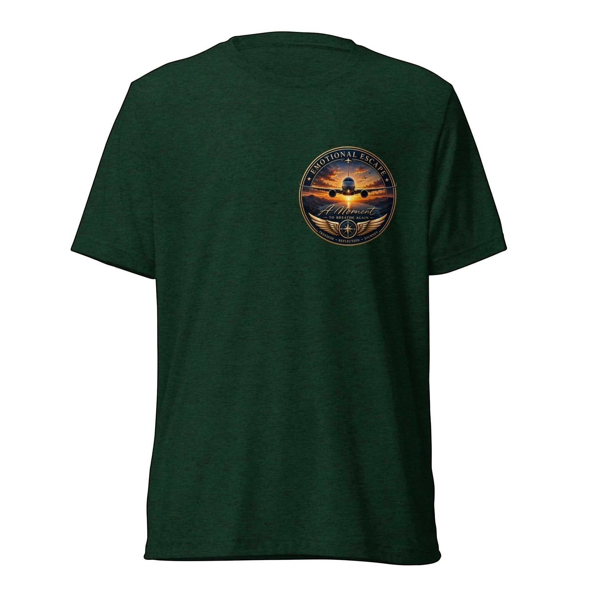 Opensky Goods dark green tri-blend short sleeve t-shirt with Emotional Escape aviation sunset chest graphic
