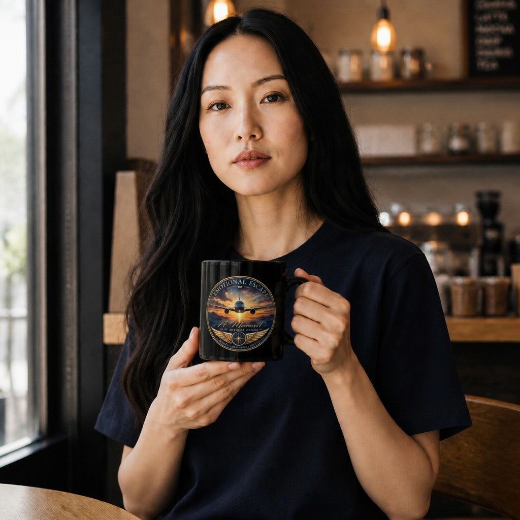 Opensky Goods Emotional Escape ceramic mug with aviation sunset graphic held by a woman in a cafe