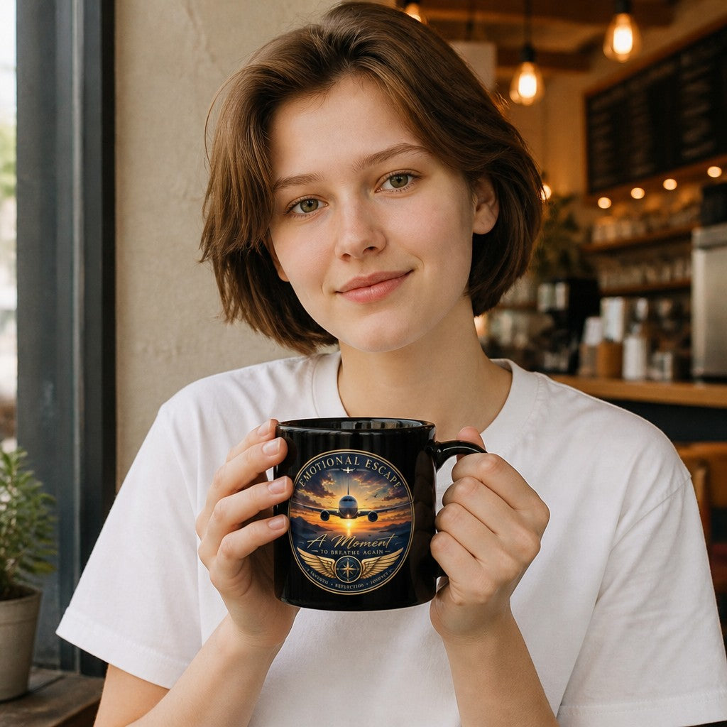Opensky Goods glossy black ceramic mug with Emotional Escape aviation sunset graphic held by a woman in a cafe