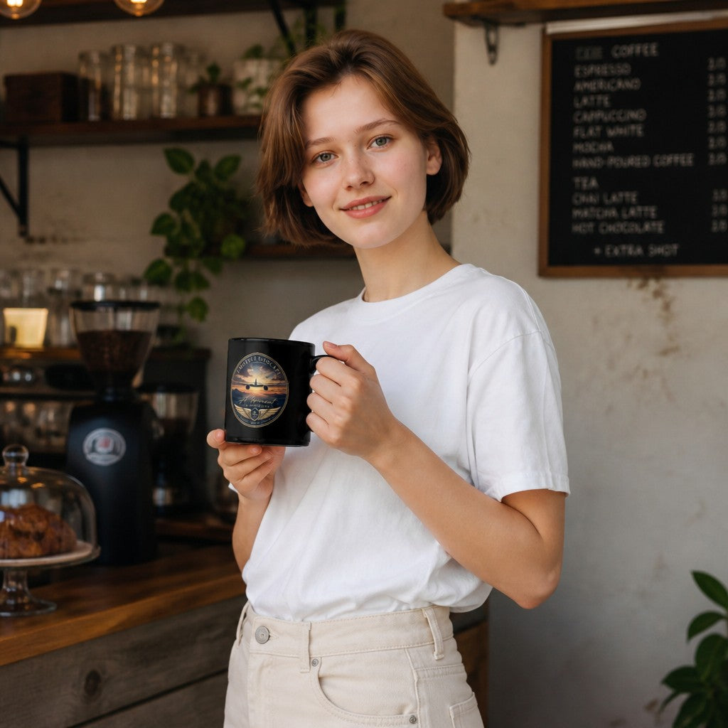Opensky Goods glossy black ceramic mug with aviation sunset graphic held by a woman in a cafe setting