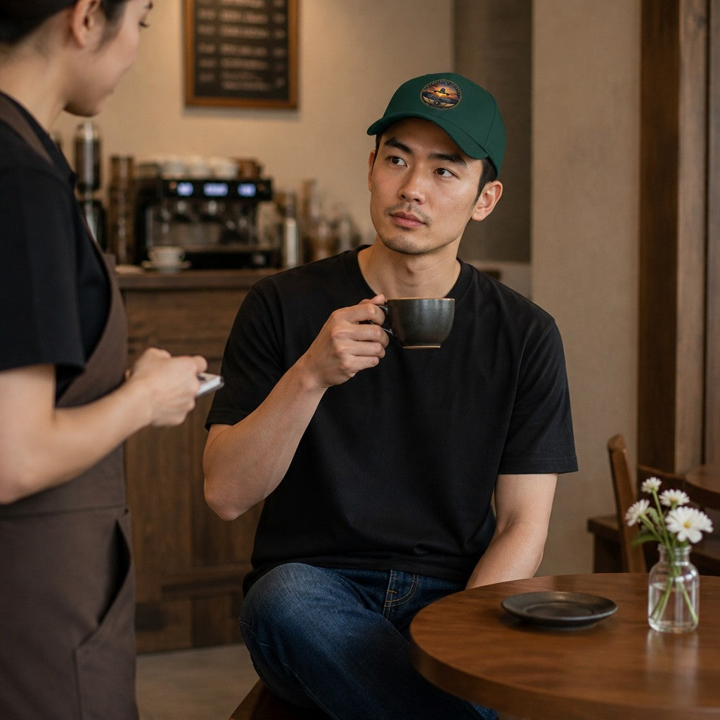 Man wearing an Opensky Goods green aviation dad hat while drinking coffee in a cafe