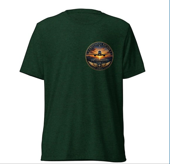 Opensky Goods dark green tri-blend short sleeve t-shirt with Emotional Escape aviation graphic on the chest