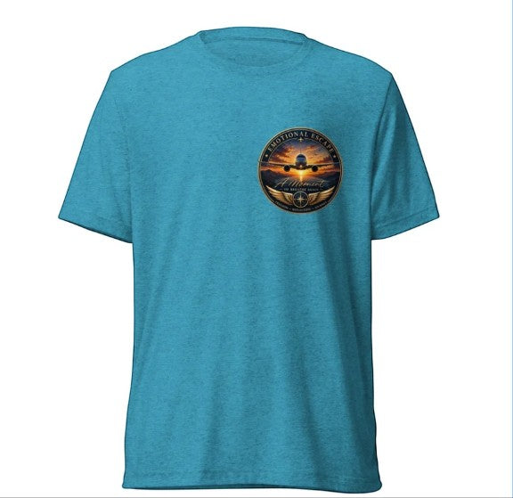 Opensky Goods Emotional Escape tri-blend t-shirt in heather blue with a circular aviation-themed chest graphic.