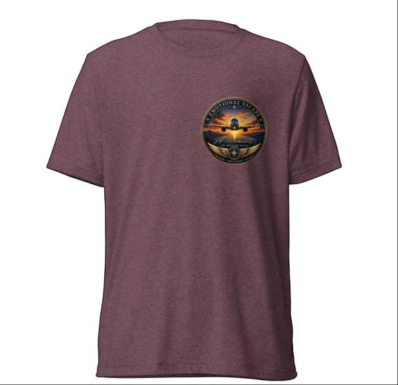 Opensky Goods maroon tri-blend short sleeve t-shirt with Emotional Escape aviation graphic on the chest