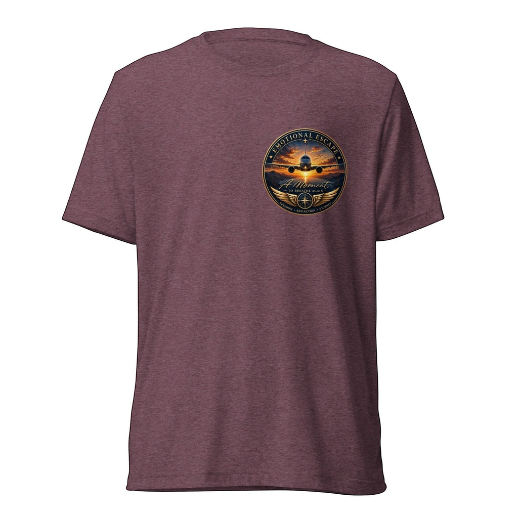Opensky Goods Emotional Escape tri-blend short sleeve t-shirt in maroon with a circular aviation-themed chest graphic.