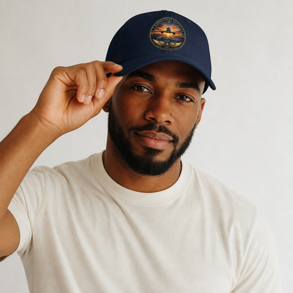 Opensky Goods navy blue dad hat with aviation sunset patch worn by a man in a white t-shirt