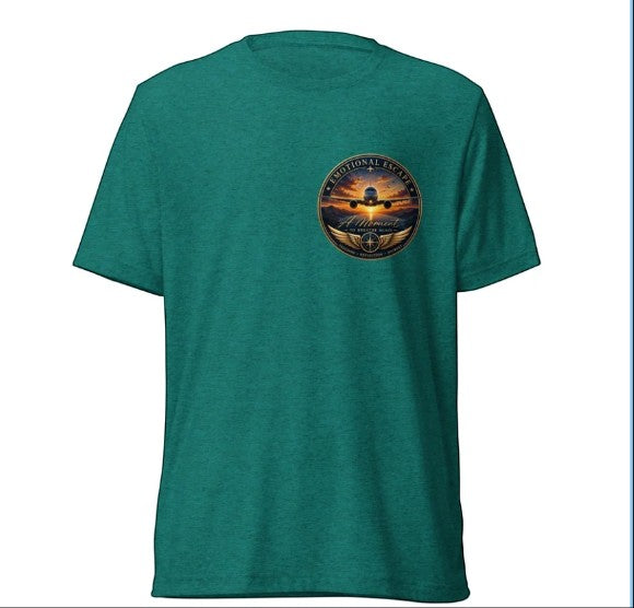 Opensky Goods teal tri-blend short sleeve t-shirt with Emotional Escape aviation graphic on the chest