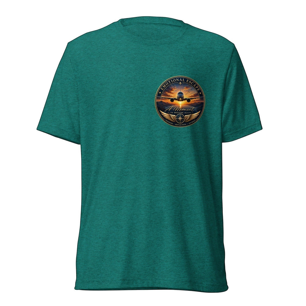 Opensky Goods teal tri-blend short sleeve t-shirt with Emotional Escape aviation graphic on the chest