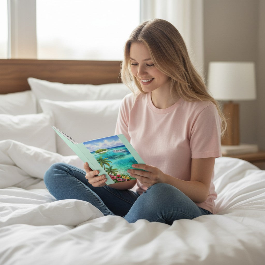 Opensky Goods softcover journal with tropical island cover art held by a smiling woman sitting on a white bed