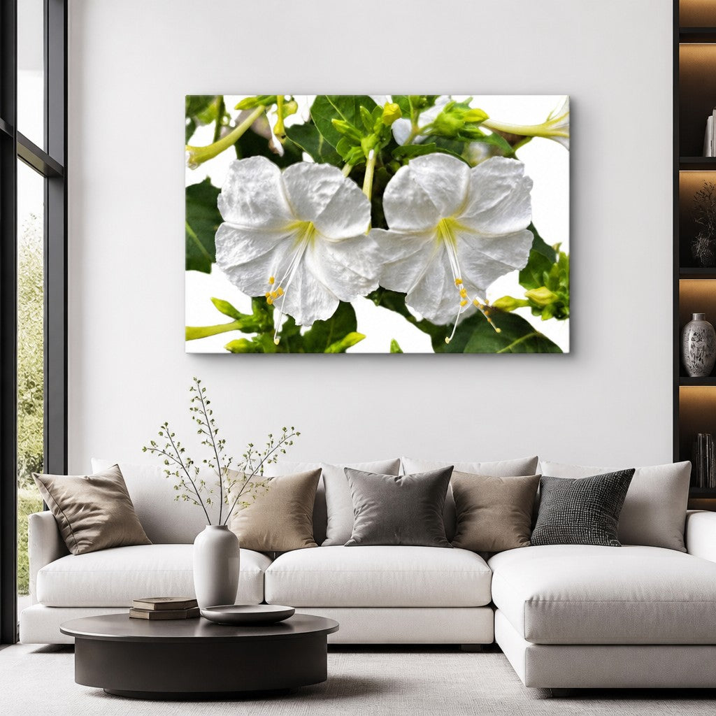Opensky Goods thin canvas wall art featuring two delicate white floral blooms hanging above a modern living room sofa.