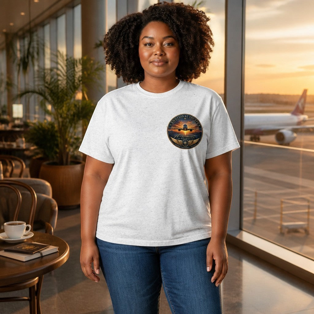 Opensky Goods white tri-blend short sleeve t-shirt with Emotional Escape aviation graphic worn by a woman at an airport