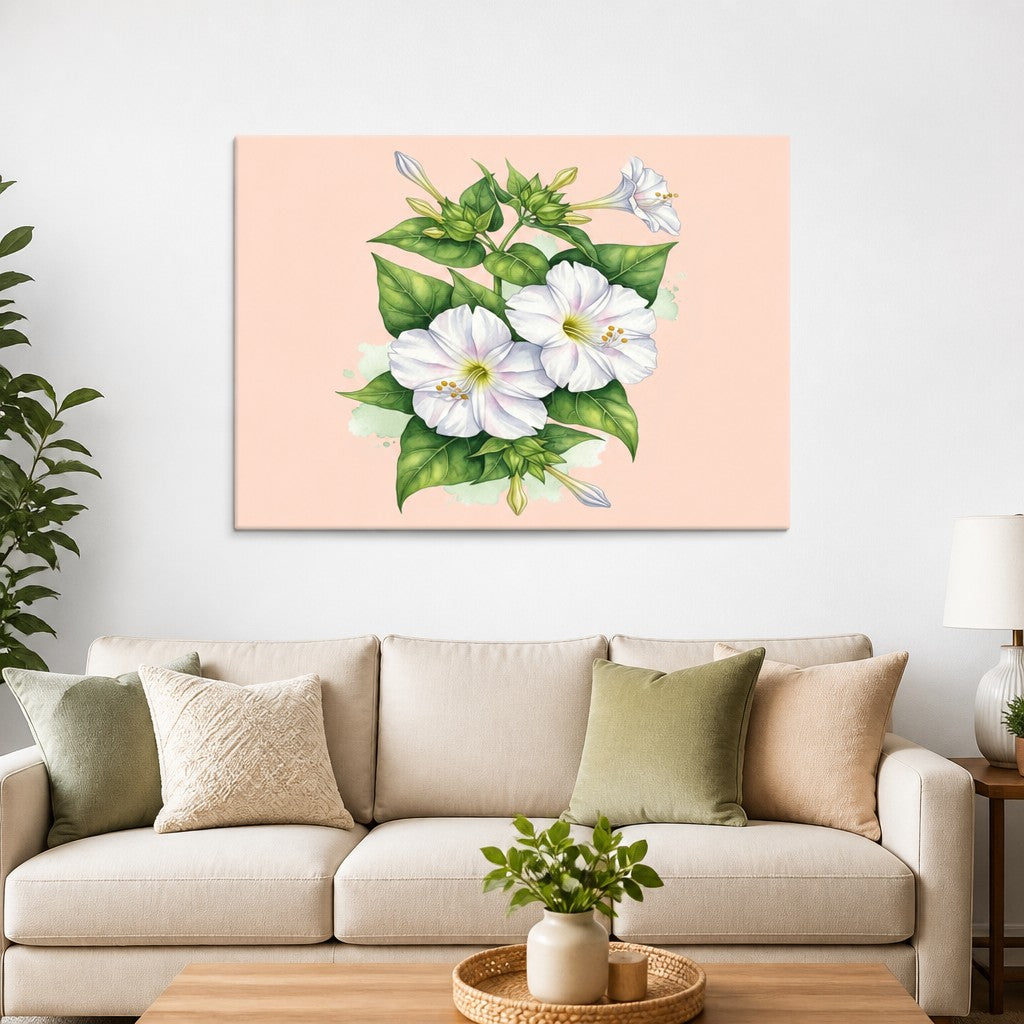 Opensky Goods thin canvas wall art featuring a white mirabilis flower illustration on a soft peach background.